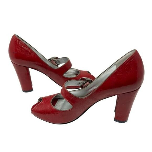 Red Patent Leather Heels Pumps Enzo Angiolini Peep Toe Pin Up Twee Glam Size 6 - Picture 6 of 9